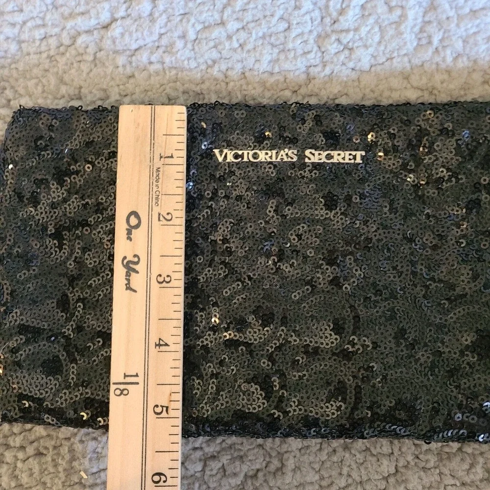 Victoria's Secret Make‎ Up Bag Black Sequin Shiney Faux Leather Snap Button